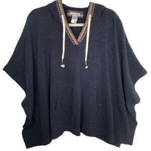 Carbon2Cobalt Borealis Poncho Navy Hoodie S/M Embroidered Trim Boho Festival